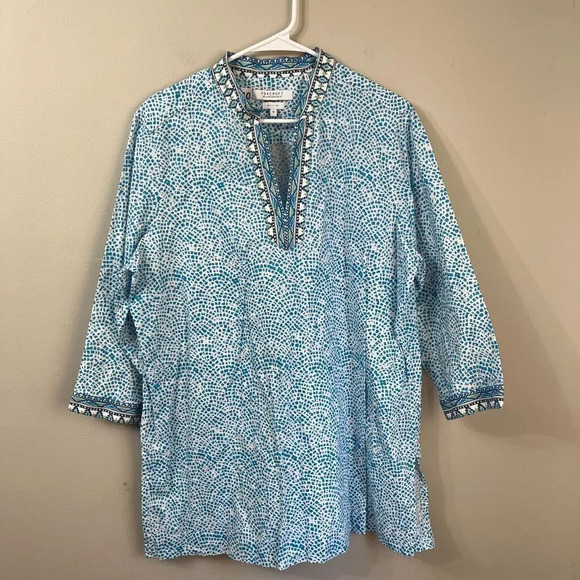 Foxcroft For Appleseeds Womens Blue Tunic Blouse 18 V Neck Geometric Long Sleeve - Picture 2 of 9